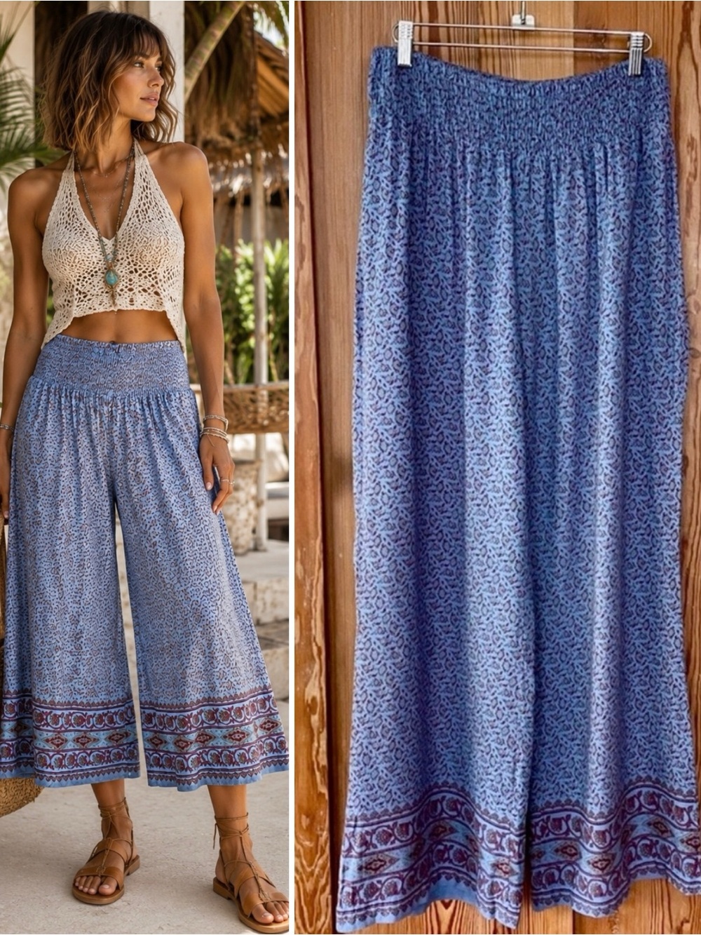 Yak & Yeti Blue Floral Border Print Wide Leg Palazzo Pants Pull On Boho Sz L💚🎀